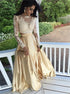 A Line Scoop Long Sleeves Two Piece Champagne Satin Prom Dresses LBQ3128